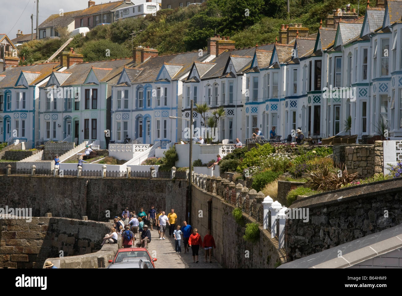 Houses at the harbour of Porthleven, Cornwall, England, Great Britain, United Kingdom. Stock Photo