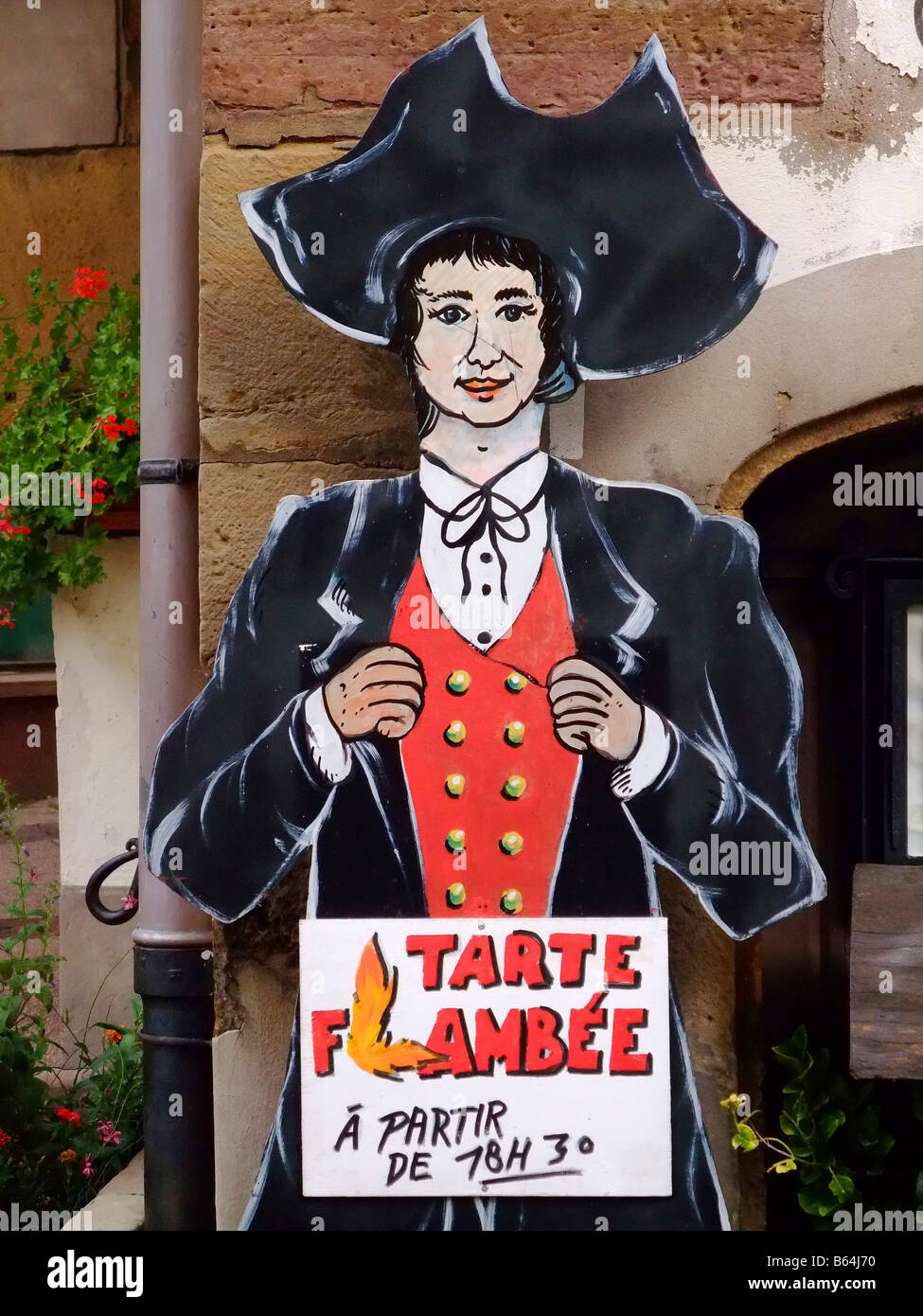 restaurant sign about the famous pizza in Alsace the Tarte Flambee - Obernai Stock Photo