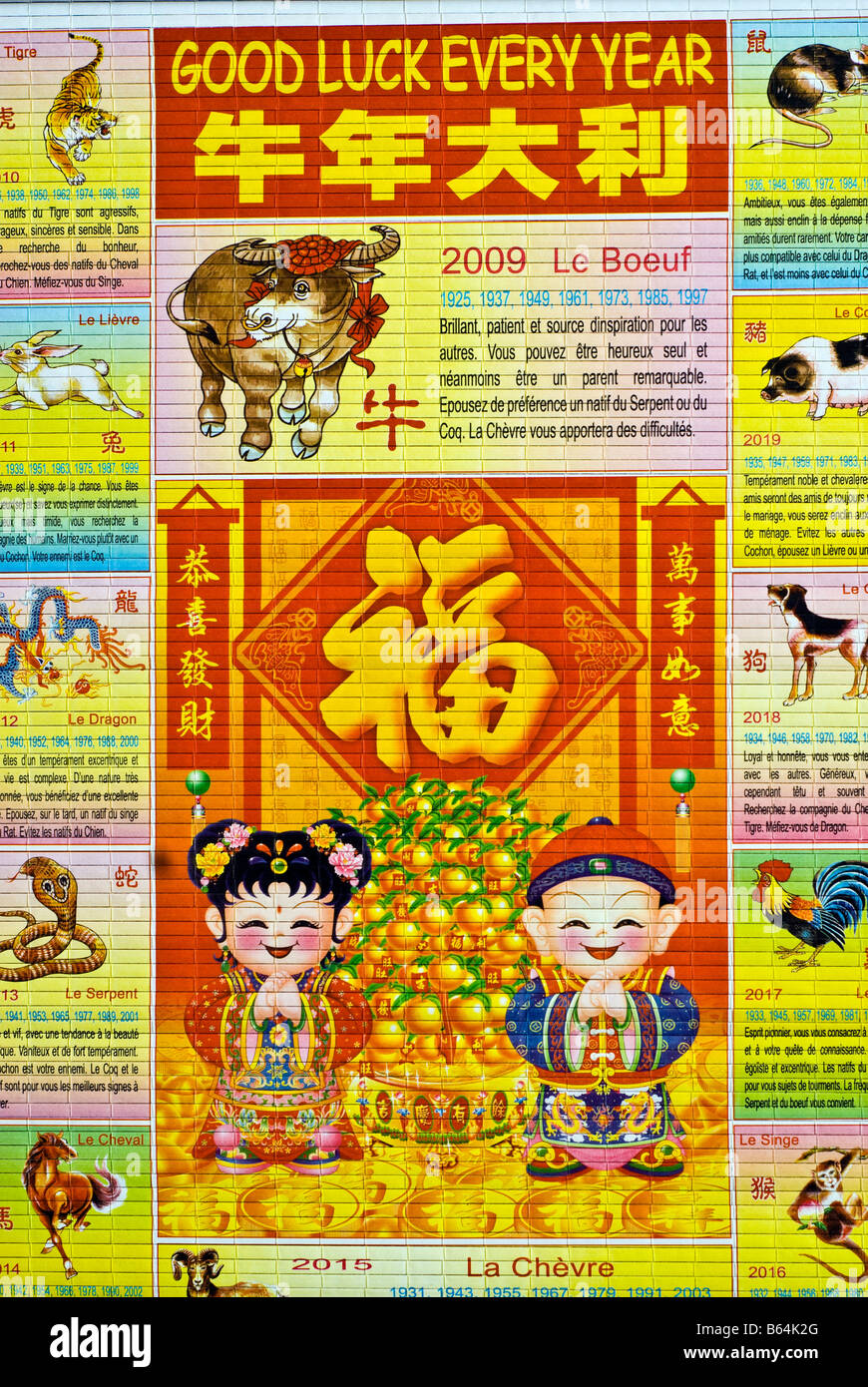 Detail, Chinese Contemporary Poster Art 'Chinese Astrological Calendar' with illustrations animal symbols Zodiac Stock Photo