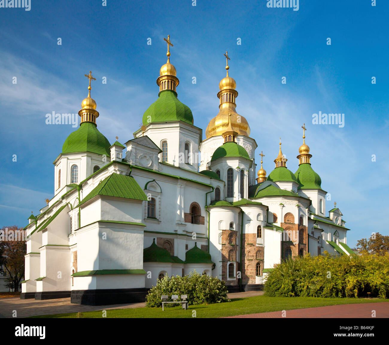 Morning Saint Sophia Cathedral church building view. Kiev City centre, Ukraine. Stock Photo