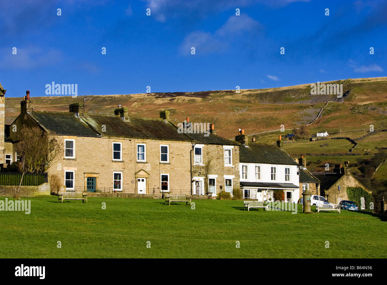 Yorkshire UK - Terraced cottages at Reeth in Swaledale, Yorkshire Dales, England, UK Stock Photo