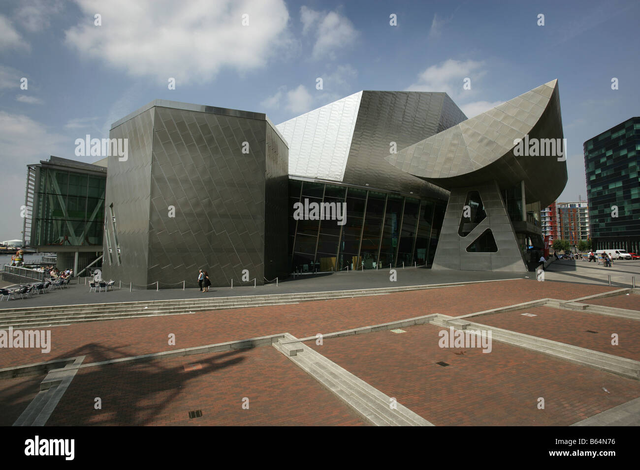 City of Salford, England. The south elevation of the Michael Wilford designed Lowry theatre and art complex in Salford Quays. Stock Photo