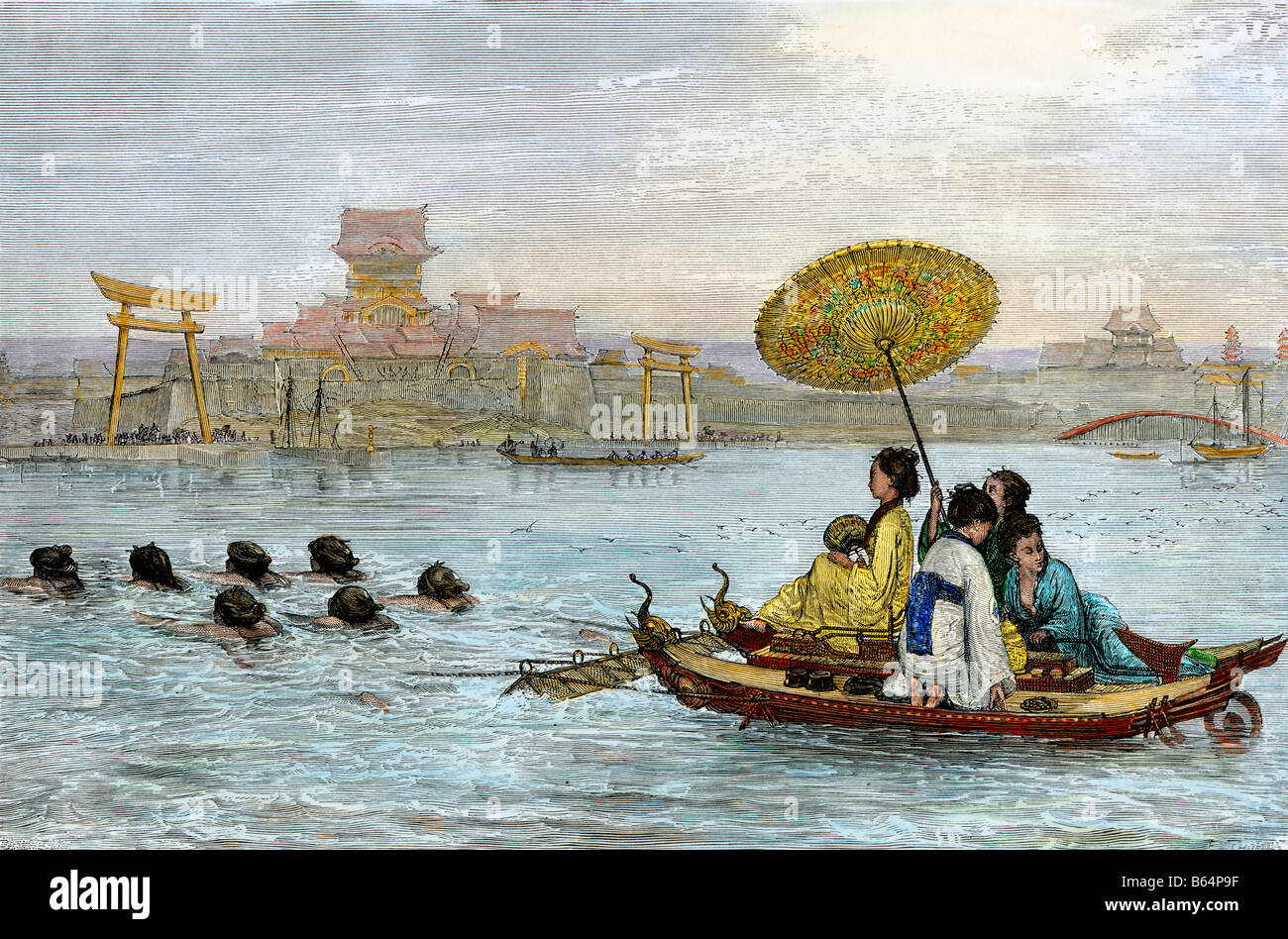 Ladies on a Japanese ferry boat of the Old Regime pulled by female swimmers. Hand-colored woodcut Stock Photo
