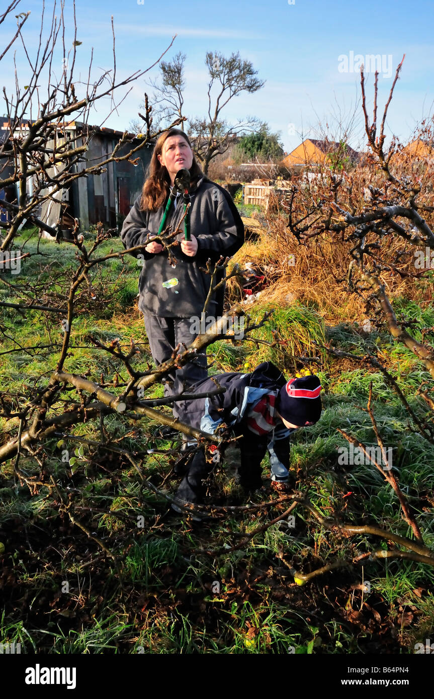women 35 40 years child 4-5 years pruning standard apple tree frosty day allotment winter Stock Photo