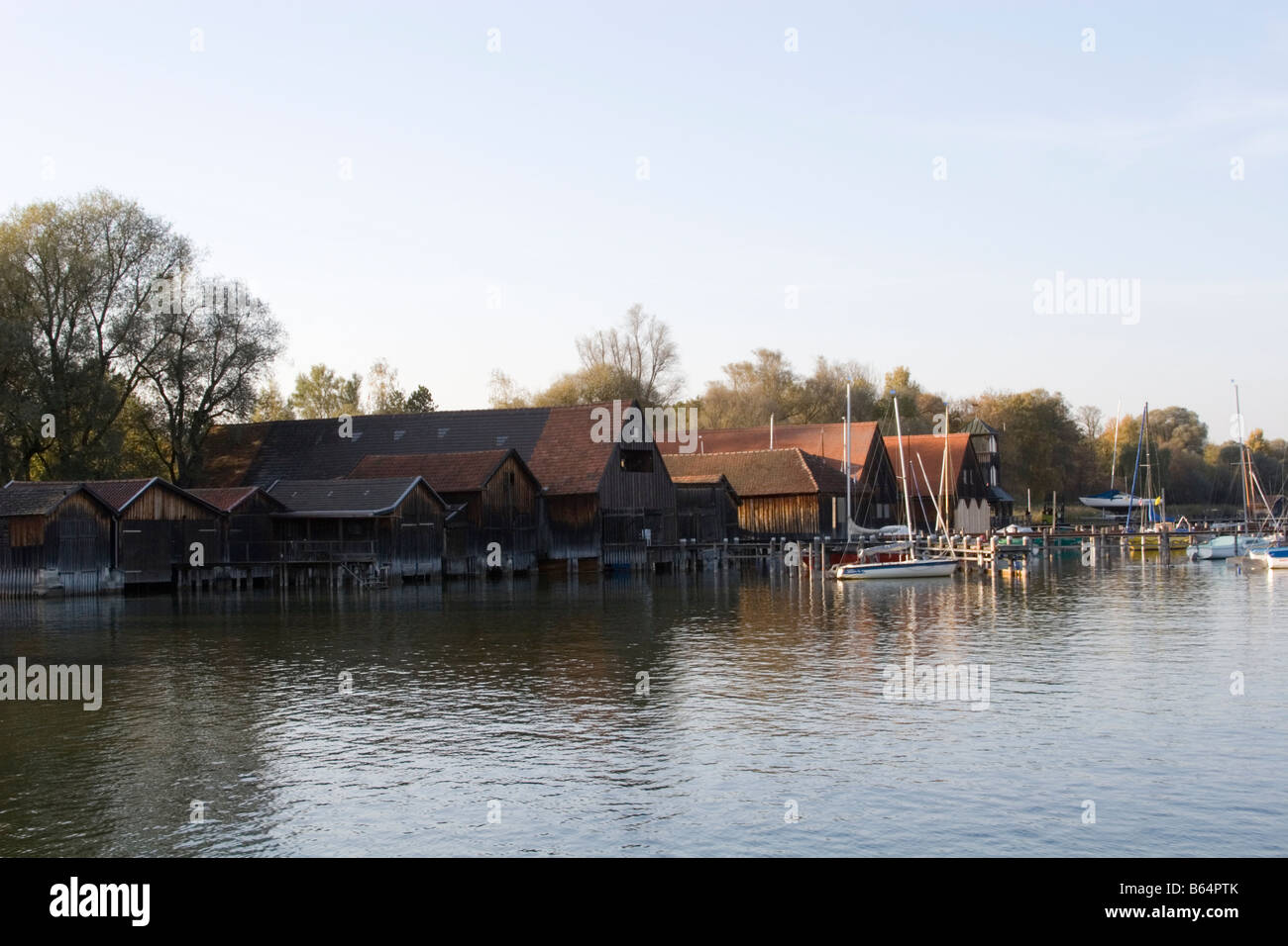 Boathouses Ammersee afternoon autumn Stock Photo