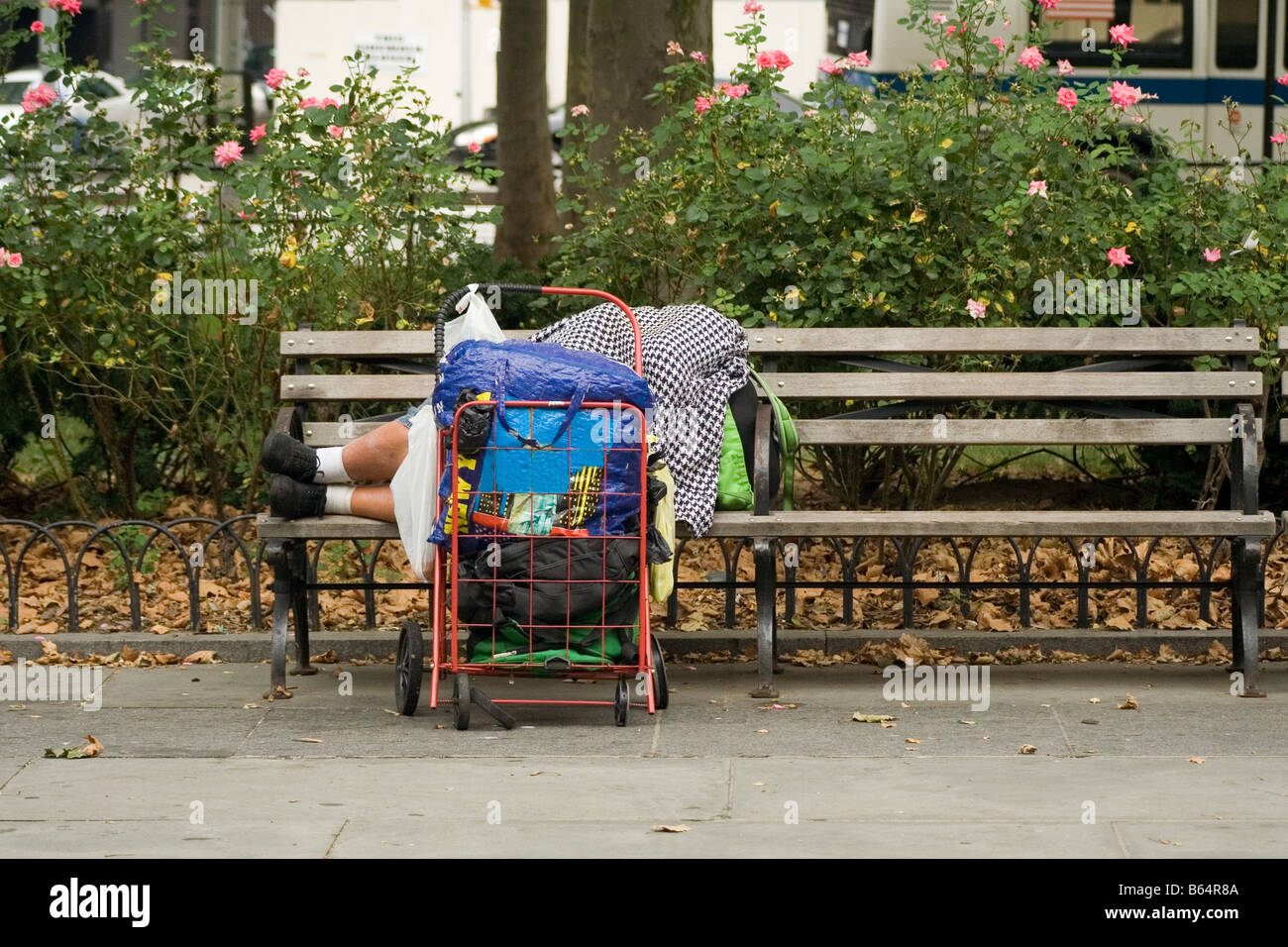 Homeless Person sleeping on the bench. Brooklyn, NY USA Stock Photo - Alamy