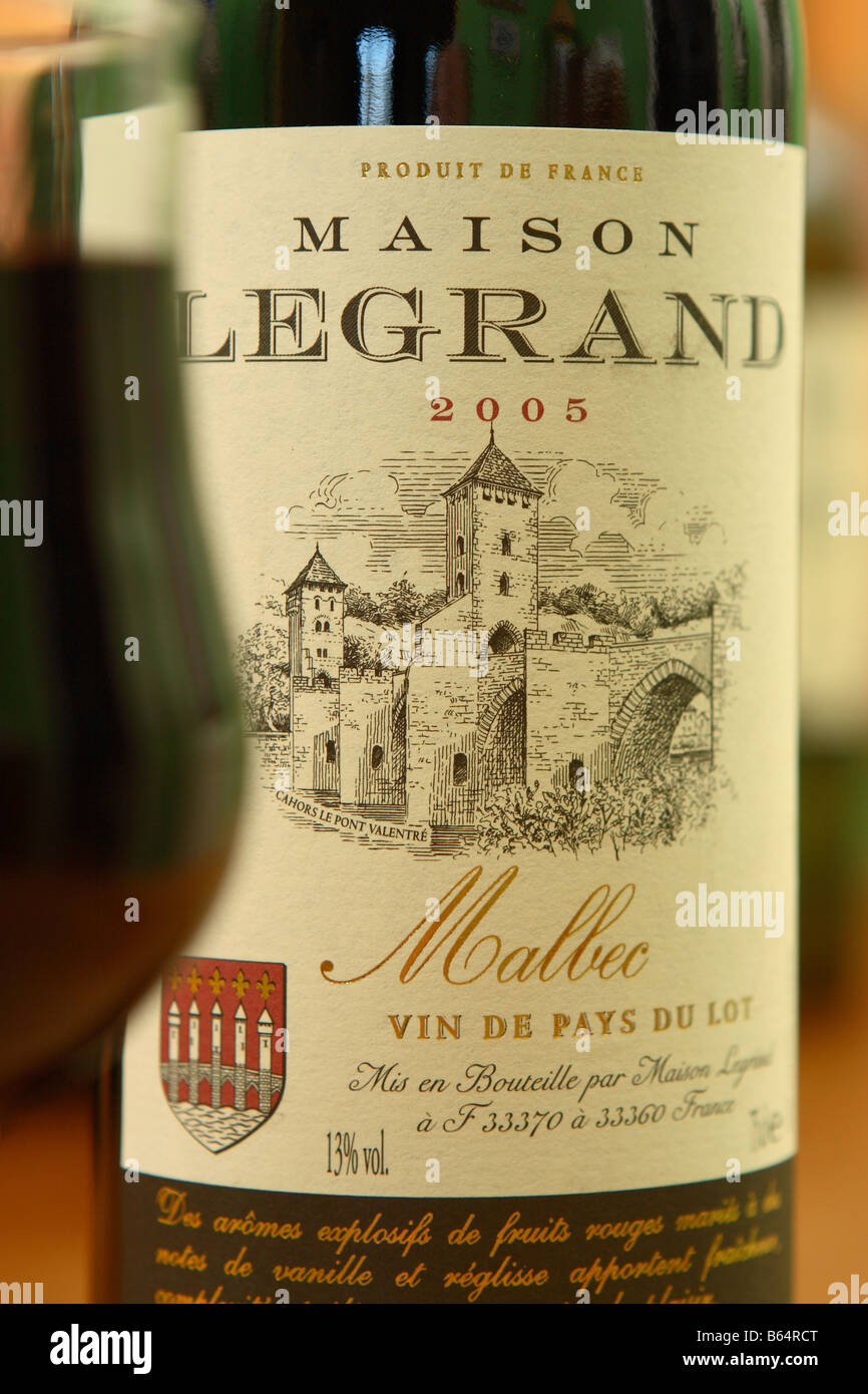 French Malbec red wine Vin De Pays Du Lot bottle and wine glass Stock