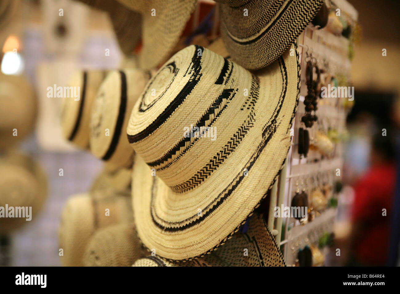 Panamanian traditional hats on display at a show. Stock Photo