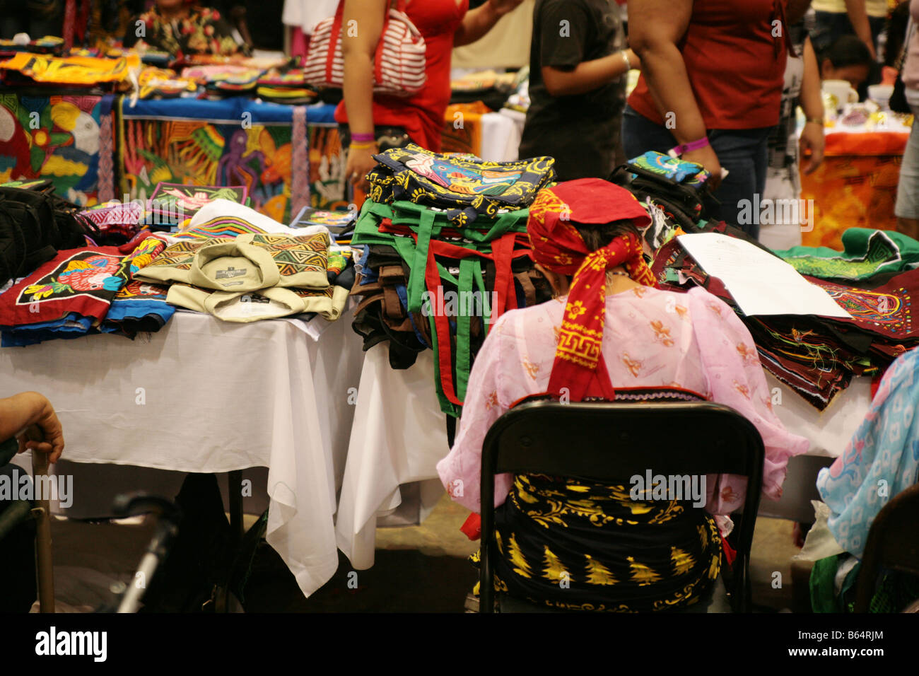Kuna woman making molas at a crafts fair in Panama City. Stock Photo
