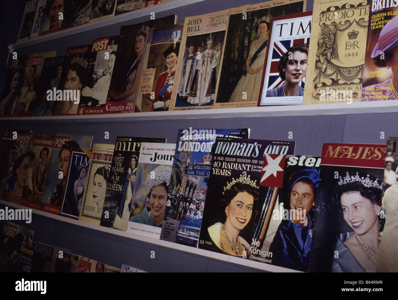 Magazine covers of Queen Elizabeth II Victoria and Albert Museum London England 1991 Stock Photo