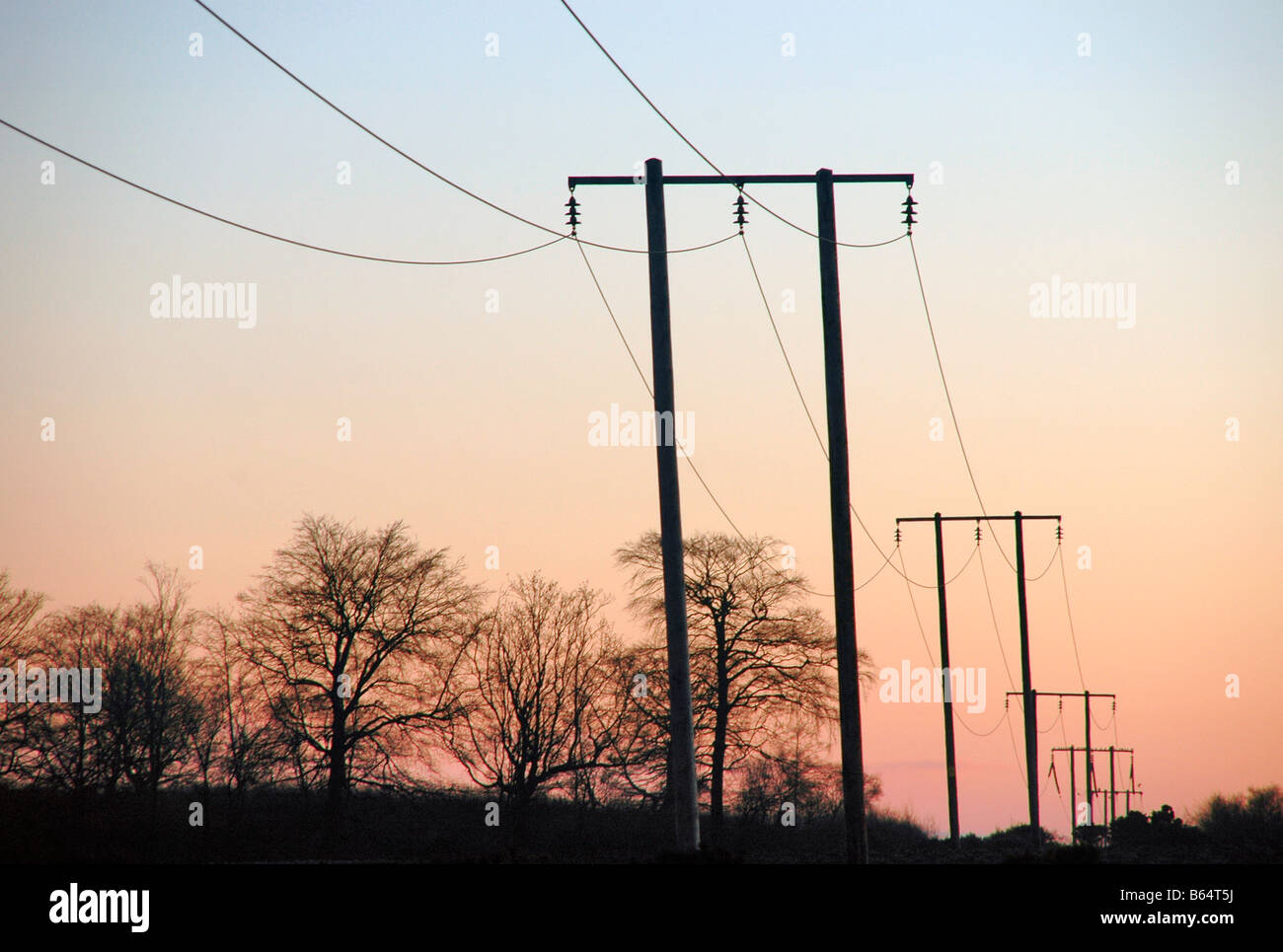 A row of electricity poles in the countryside of north east Scotland. Stock Photo