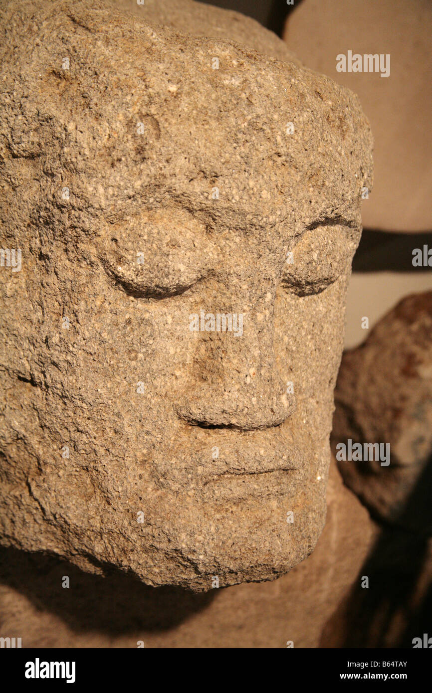 Head carved in stone on display at El Valle de Anton Museum of Cocle, Panama. Stock Photo