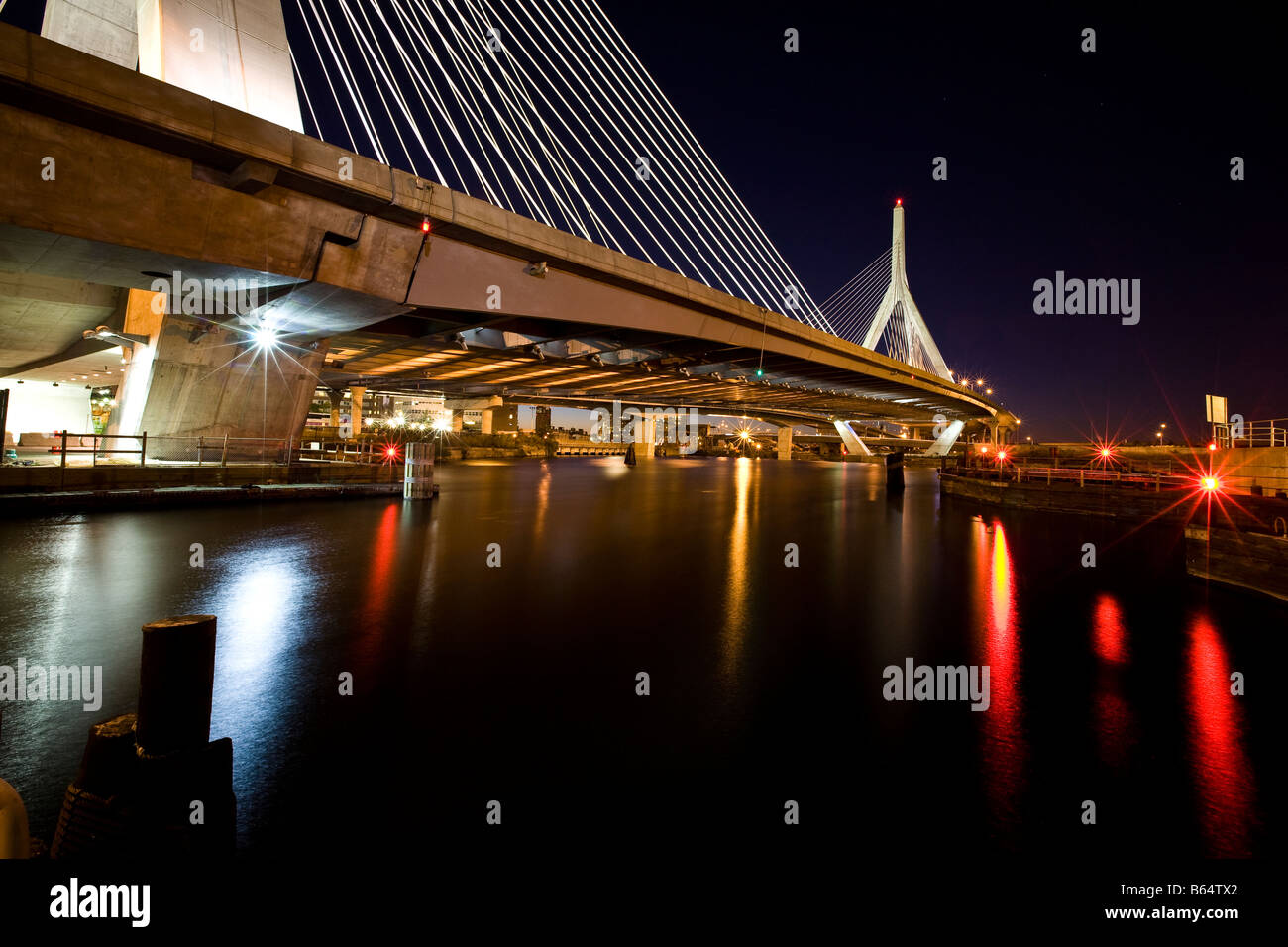 Boston Massachusetts Zakim Bridge at nighttime Stock Photo