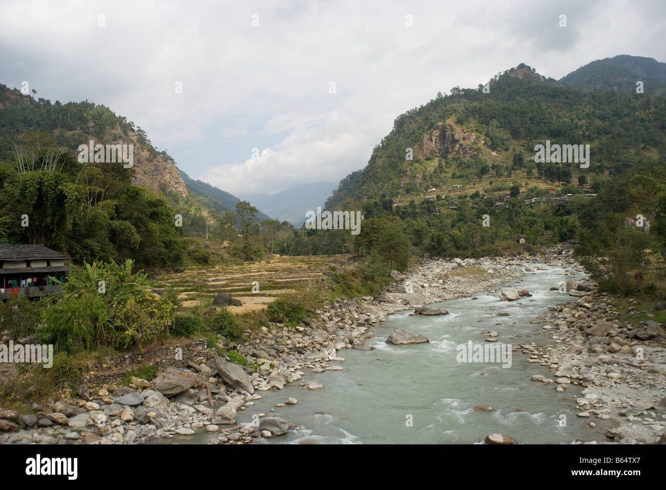 Fishtail mountain from a rope bridge crossing the Modi River  in the Annapurna range of the Himalayas, Nepal Stock Photo
