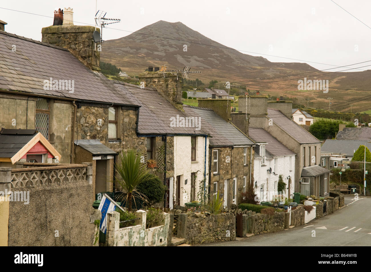 row of traditional welsh stone cottages in Llithfaen village Llyn