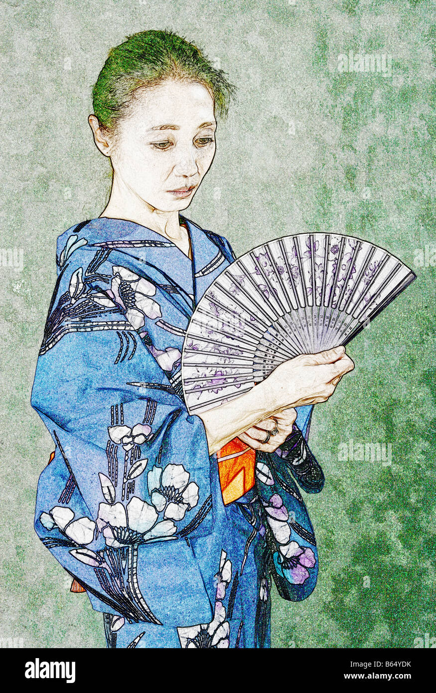 Illustration of a Japanese Woman in a Kimono with a Fan. Digital Derivation from an Original Photograph. Stock Photo