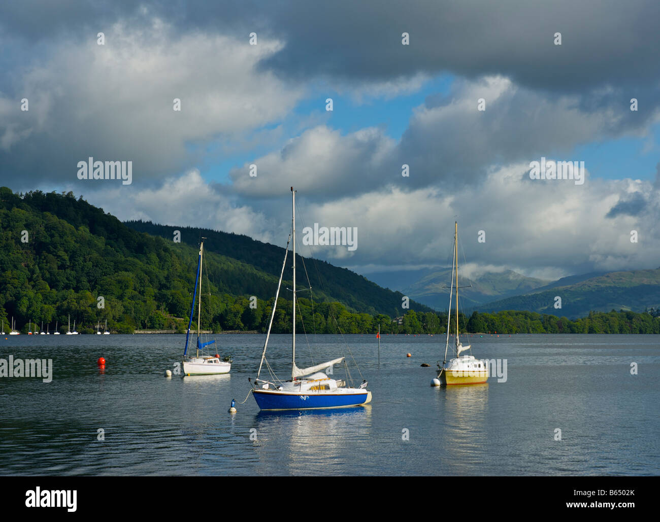 Three sailing boats moored on Lake Windermere, Lake District National