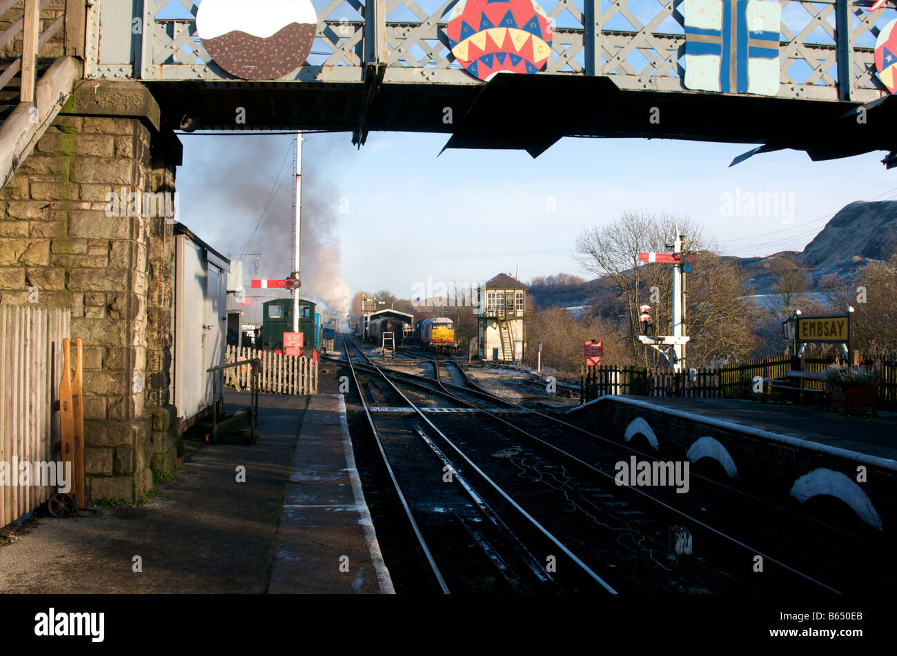 Christmas ornaments in Embsay Station, near Skipton Stock Photo