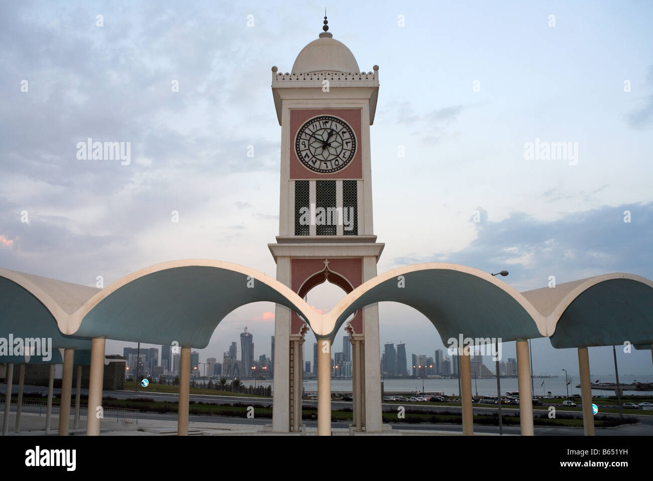 The old established Clock Tower landmark in Doha Qatar with the new
