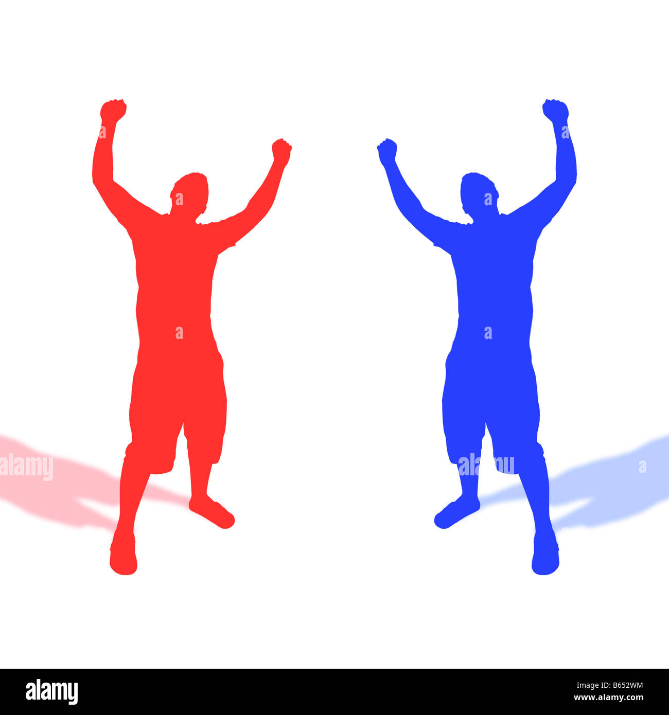 A blue silhouette of a man throwing his hands up in the air Stock Photo