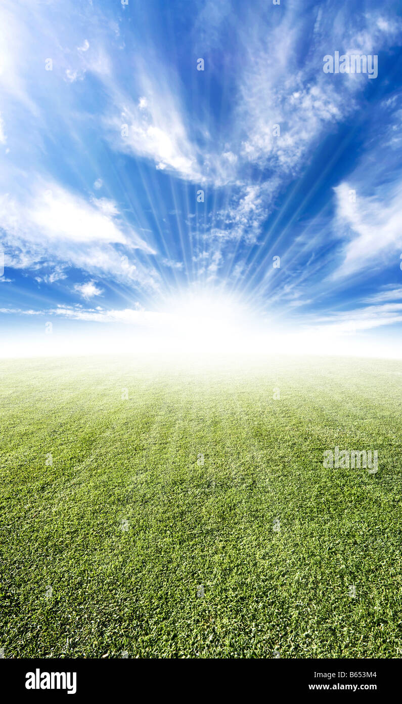 Beautiful sun flare horizon over land meadow photo with bright future concept Stock Photo