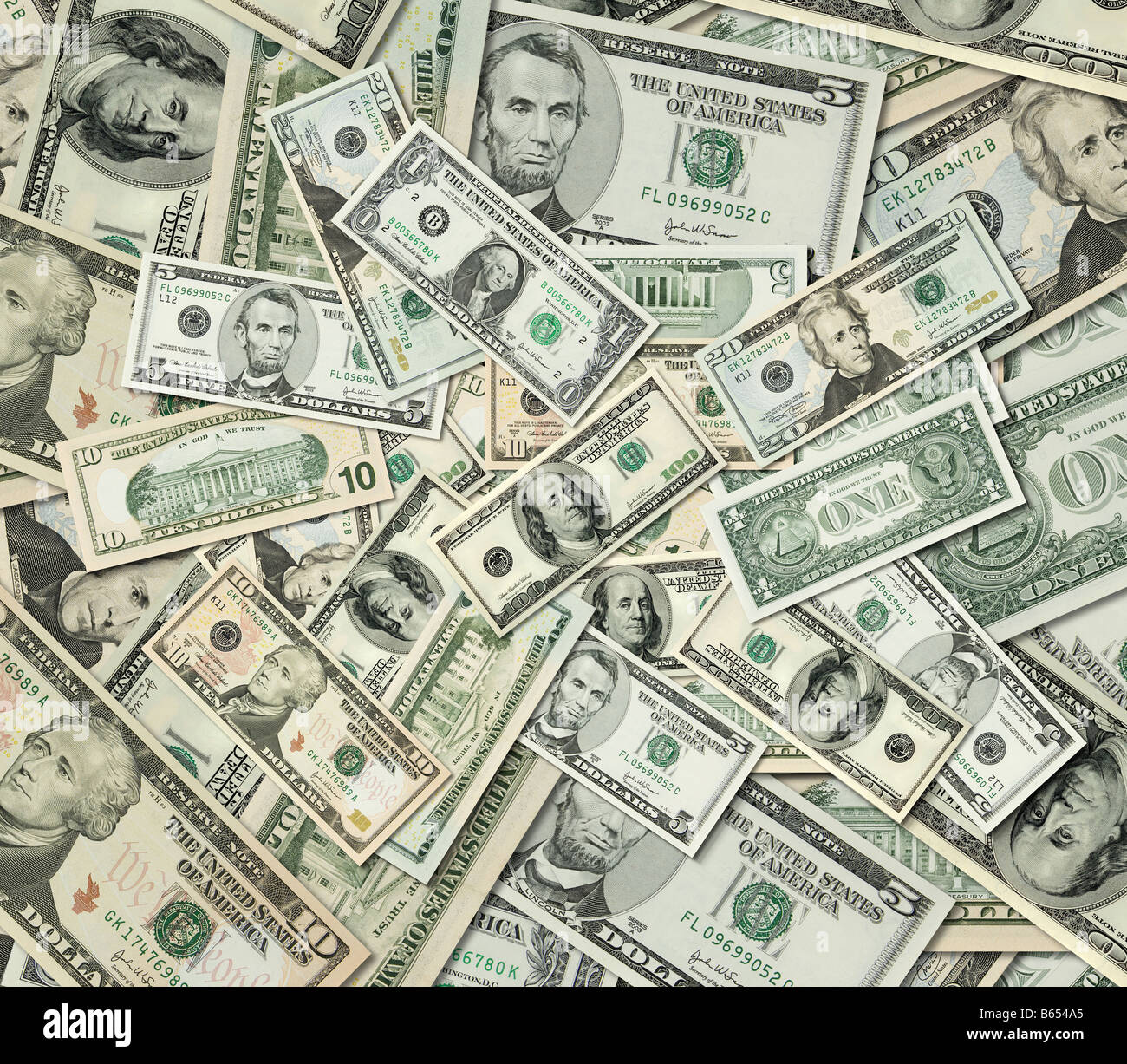 Composite shot of different American Dollar bills piled together Stock