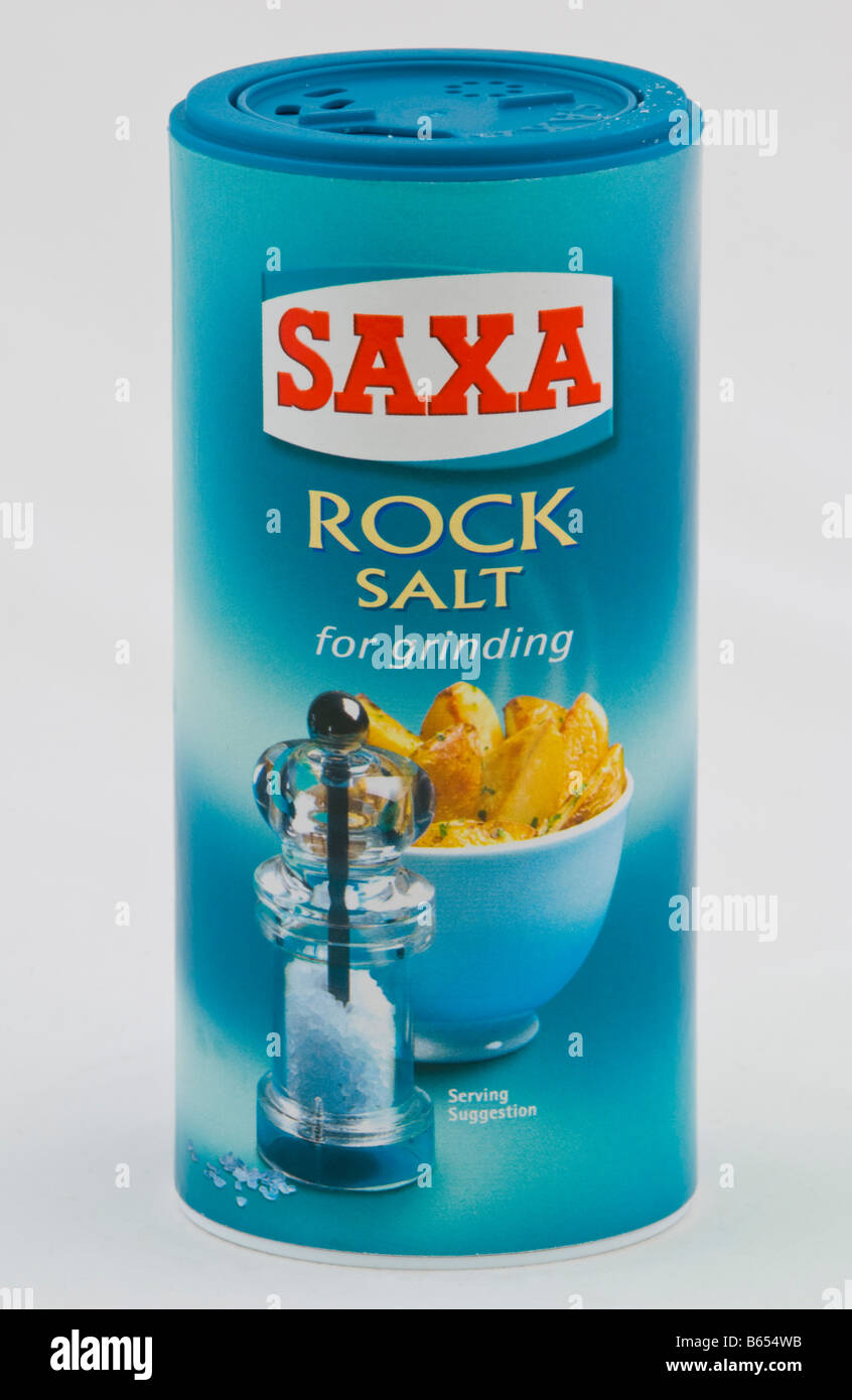 Carton of Saxa Rock Salt for grinding sold in the UK Stock Photo Alamy