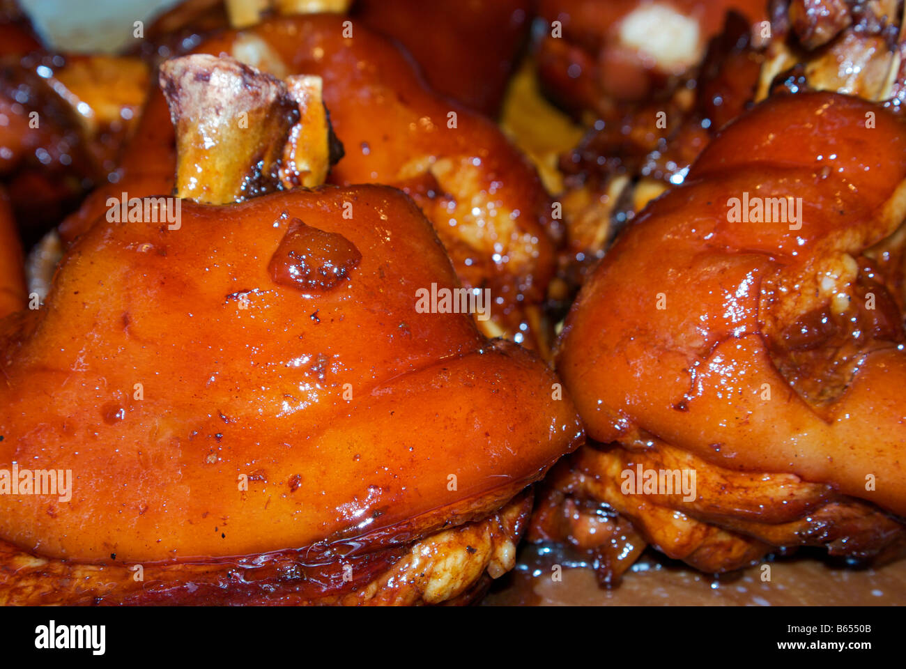 Renowned brown sugar and soy glazed braised upper leg of Wansan pork from Zhouzhuang Water Town Stock Photo