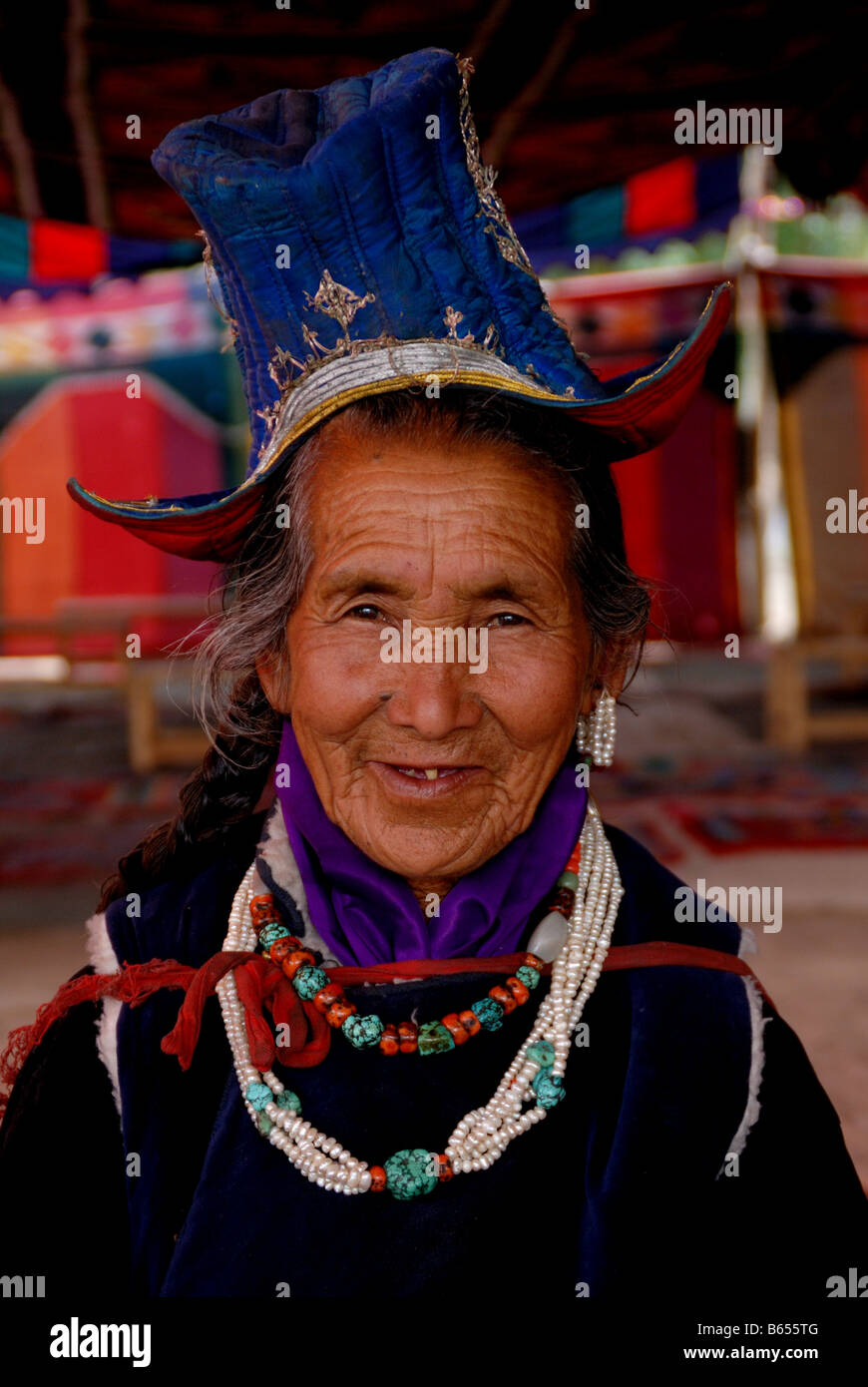 A grandmother wearing typical Ladakhi Dresses in Ladakh festivals.Alchi, Ladakh ,India Stock Photo