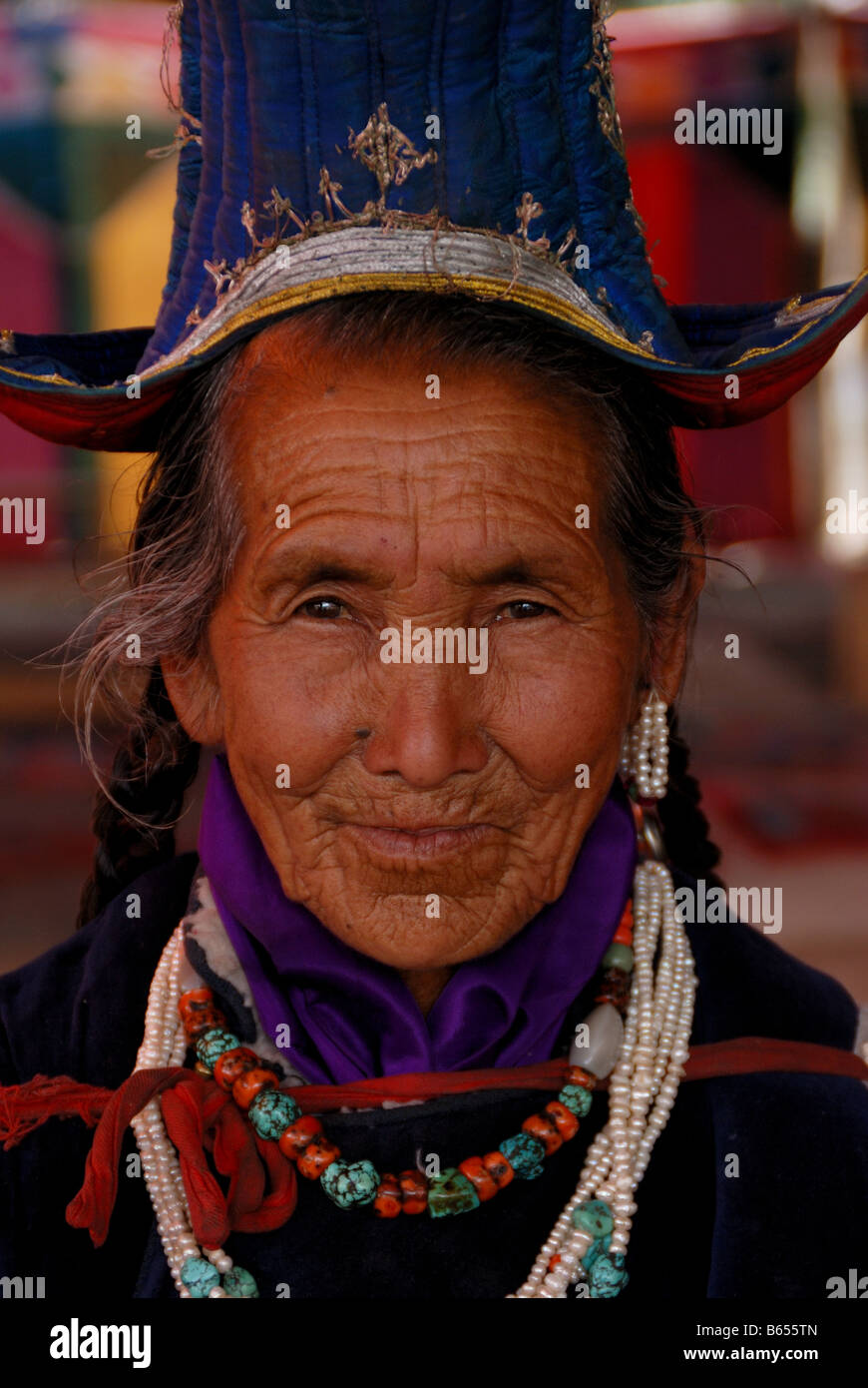 A grandmother wearing typical Ladakhi Dresses in Ladakh festivals.Alchi, Ladakh ,India Stock Photo