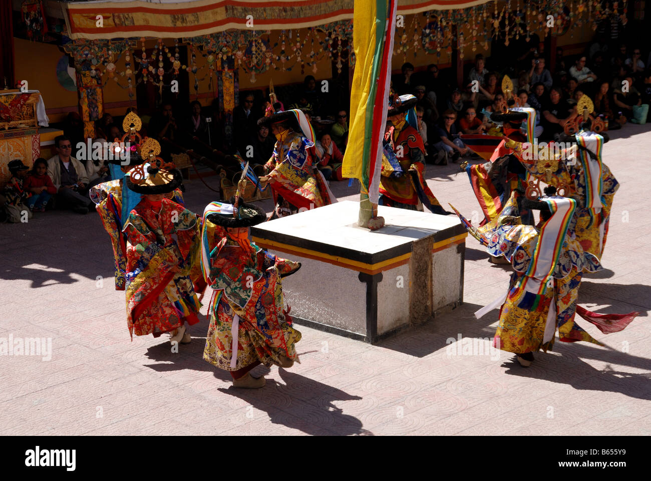 This is Ladakh festival monks are mask dancing and pray in spitok Monastery Ladakh India. Stock Photo