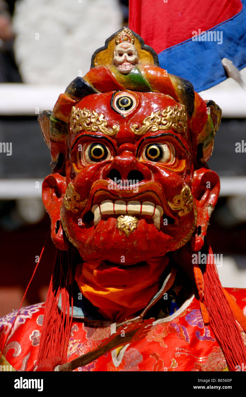 This is Ladakh festival monks are mask dancing and pray in spitok Monastery Ladakh India. Stock Photo