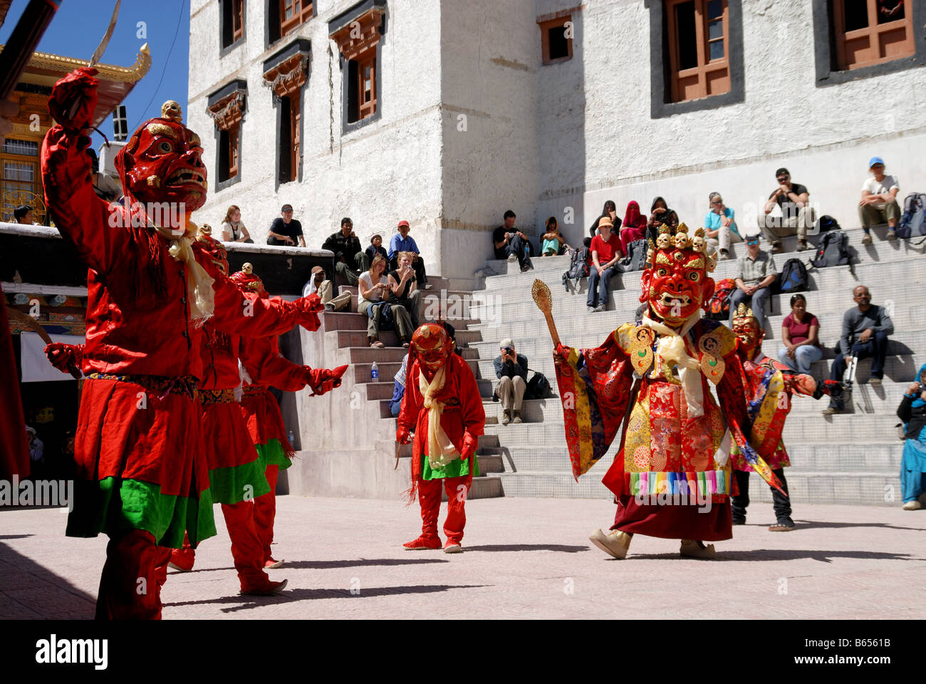 This is Ladakh festival monks are mask dancing and pray in spitok Monastery Ladakh India. Stock Photo