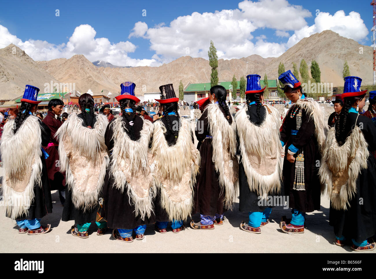 a ladakhi women is wearing the Perak , a traditional ladakhi head dress,in  ladakhi festivals Stock Photo