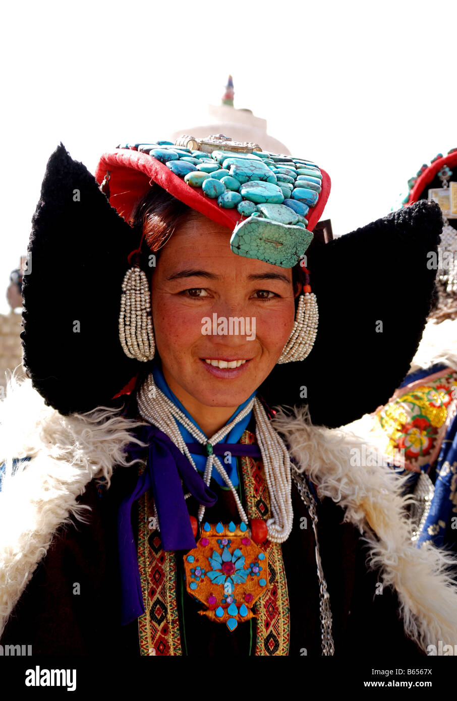 a ladakhi women is wearing the Perak , a traditional ladakhi head dress,in  ladakhi festivals Stock Photo