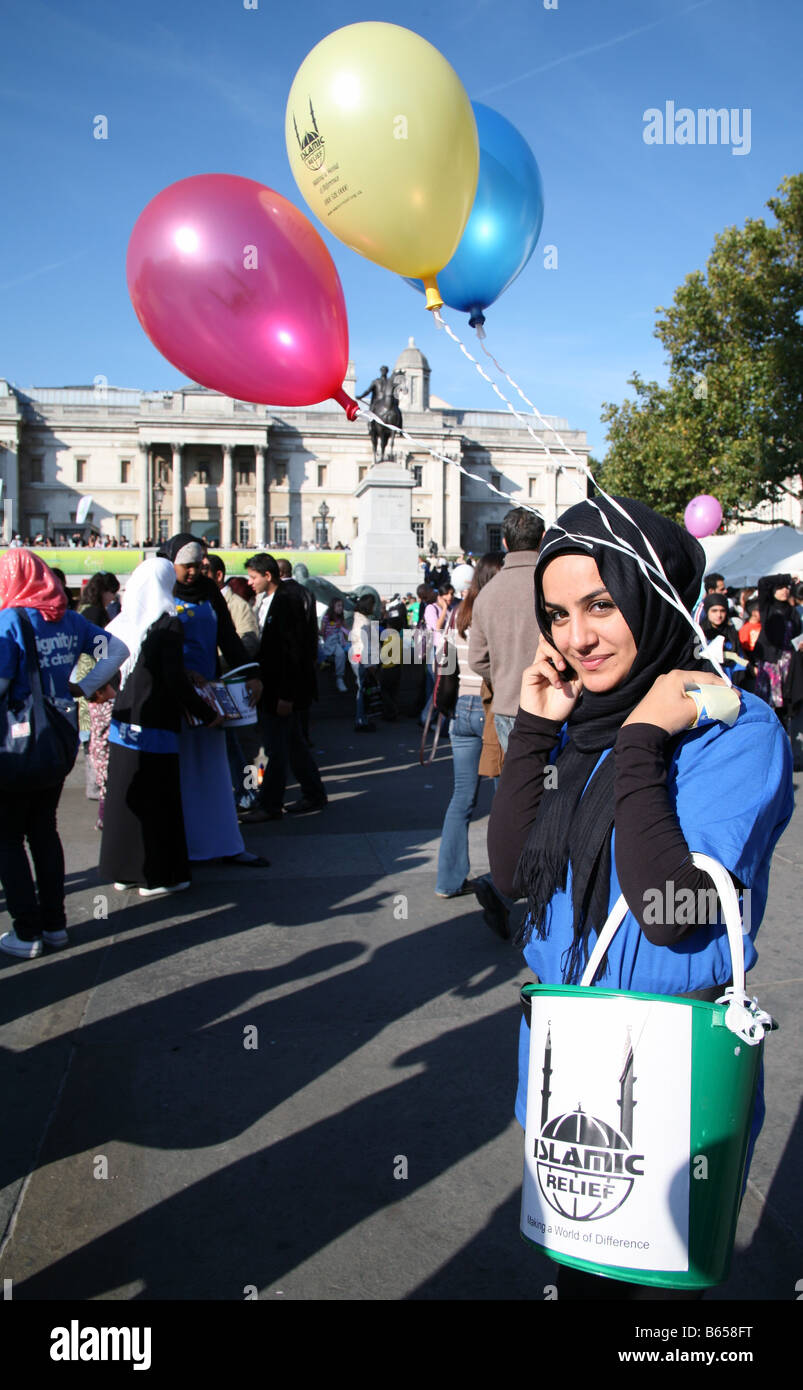 Eid Moslem festival in Trafalgar Square, London: collecting for Islamic Relief Stock Photo