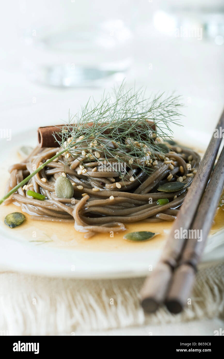 Soba noodles with sesame and pumpkin seeds Stock Photo