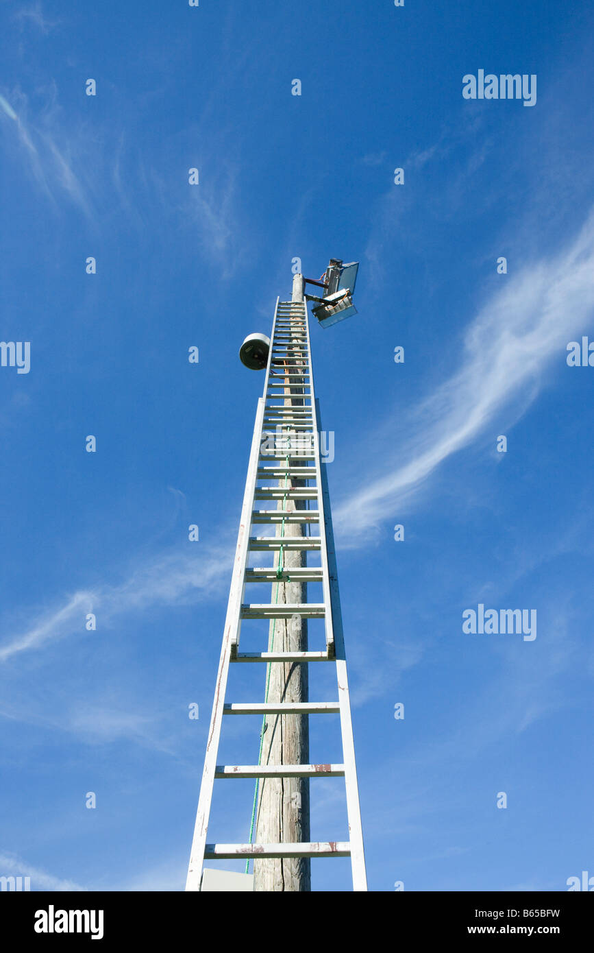 Ladder leaning against tall wooden post with street lamp at the top, low angle view Stock Photo