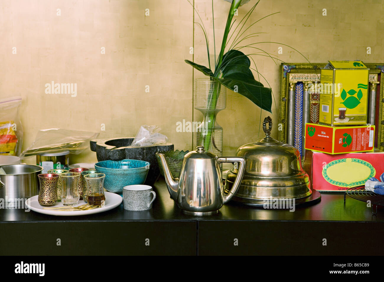 Countertop set with tea service and various dishes Stock Photo - Alamy