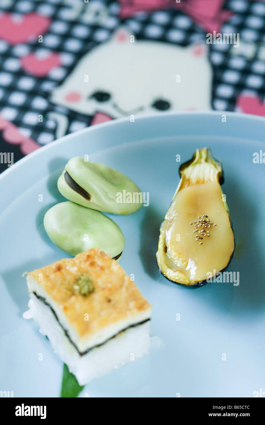Japanese appetizers, tofu seaweed and rice square, eggplant with tofu