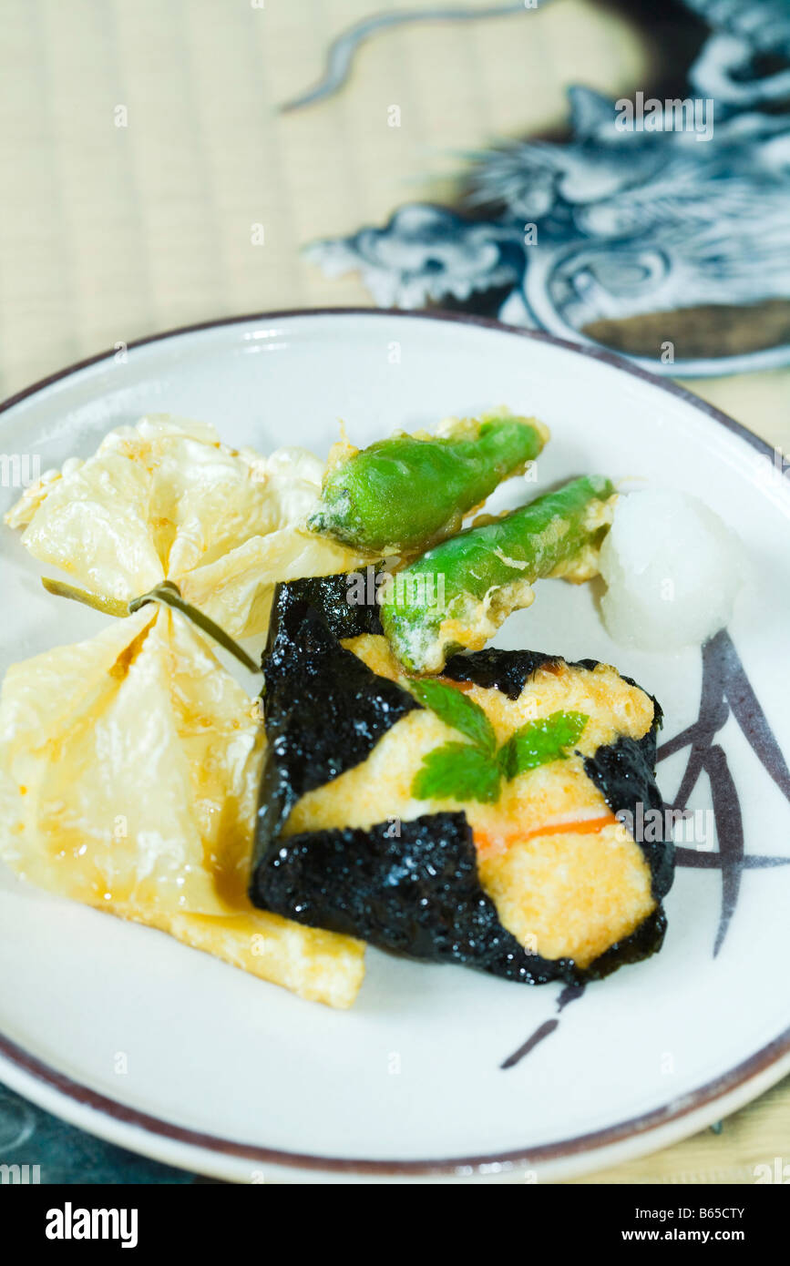 Japanese cuisine, yuba (bean curd skin), tofu wrapped in nori and hot