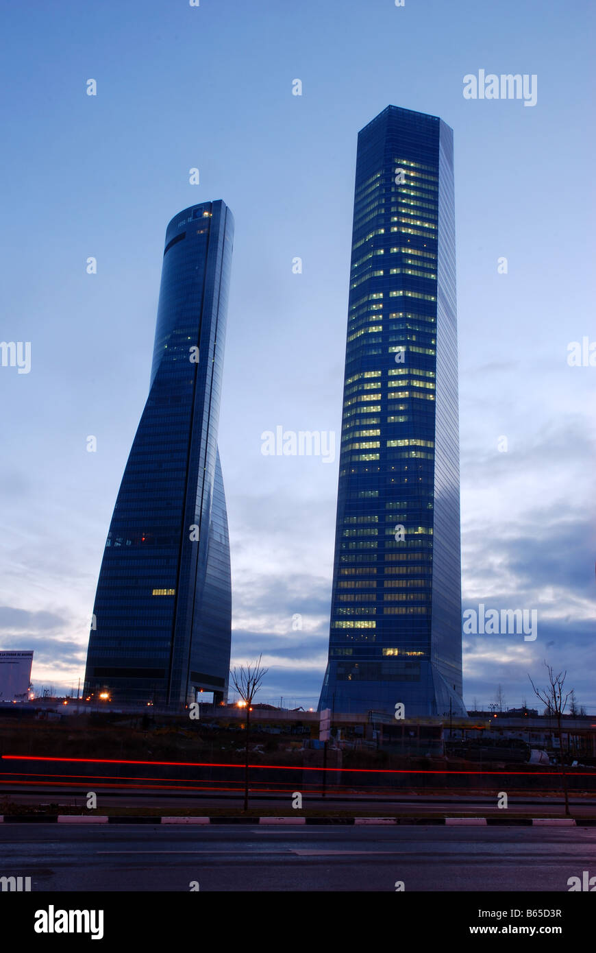 Tower Espacio and Tower Cristal at dawn. Madrid. Spain. Stock Photo