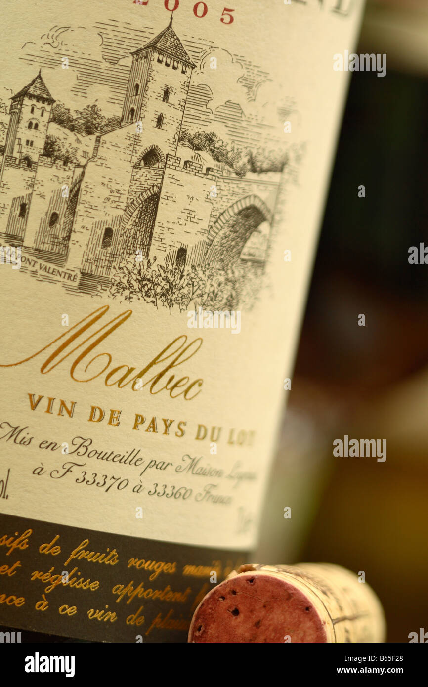 Malbec French red wine bottle label Vin De Pays Du Lot and cork Stock