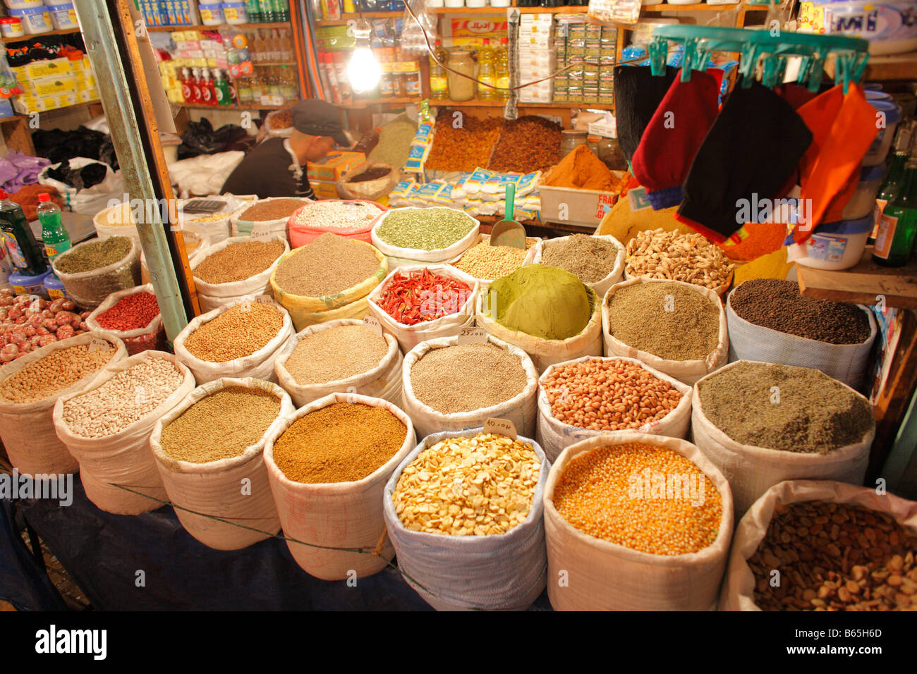 Pasta, Beans, dry herbs, rice, Market, Rabat, Morocco, Africa ...