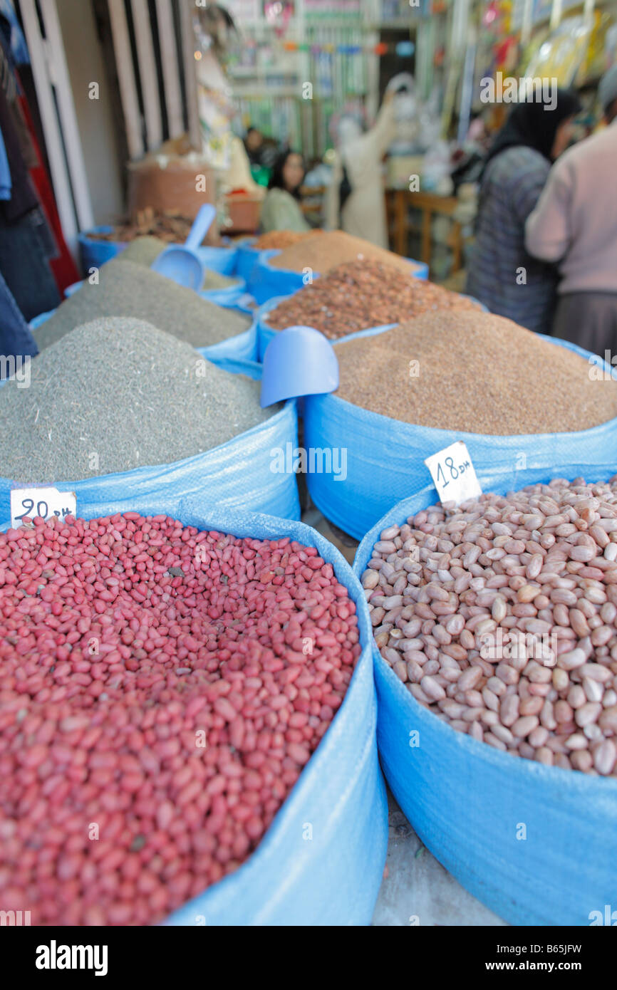 Pasta, Beans, dry herbs, rice, Market, Rabat, Morocco, Africa Stock Photo