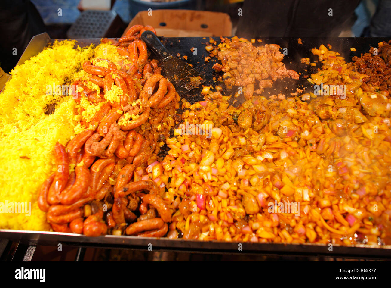 Sausages and vegetables on a grill, Market, Rabat, Morocco, Africa Stock Photo