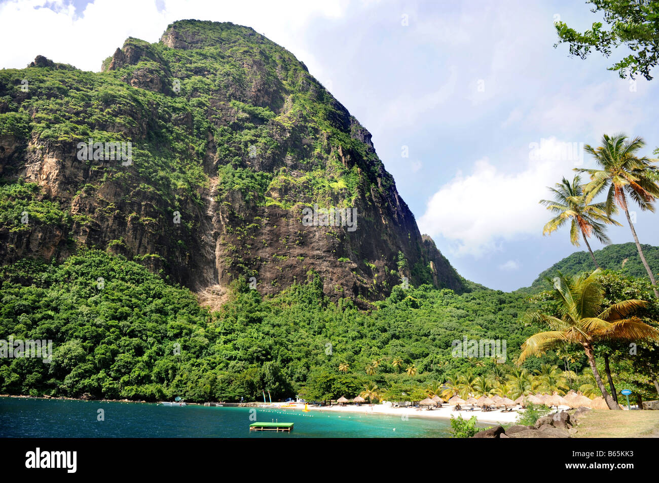 A VIEW OF THE MOUNTAIN PETIT PITON AND FORBIDDEN BEACH AT THE JALOUSIE PLANTATION RESORT ST LUCIA Stock Photo