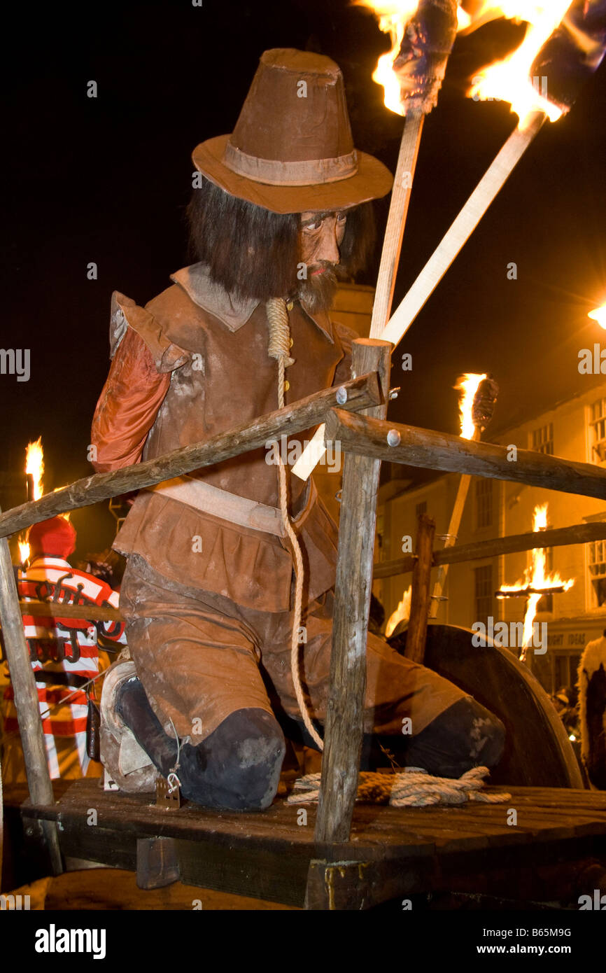 Guy Fawkes effigy on a cart with a noose around his neck. Lewes bonfire night, November 5th procession. Stock Photo
