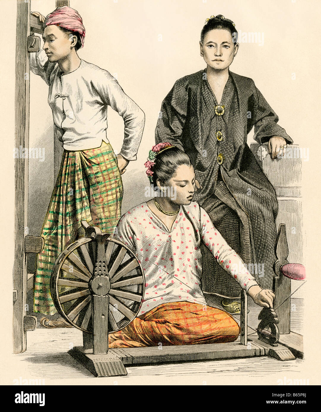 Burmese woman spinning another at a loom left and a woman right from Ava former capital of Burma (Myanmar). Hand-colored print Stock Photo