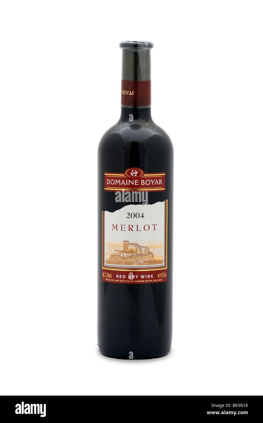 domaine boyar dry red wine bulgaria merlot 2004 dark ruby color vanilia cherry fruity taste aroma Stock Photo